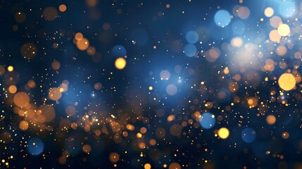 Abstract background with Dark blue and gold particle. Christmas Golden light shine particles bokeh on navy blue background. Gold foil texture. Holiday concept.