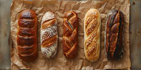 Wall Mural - Four loaves of bread on brown paper, ready to be enjoyed