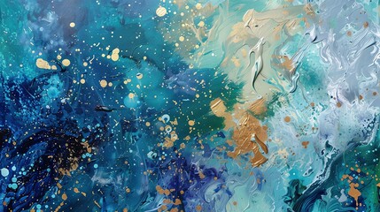 Poster - Abstract painting with vibrant blue and green colors. The painting has a rough texture and is full of energy.