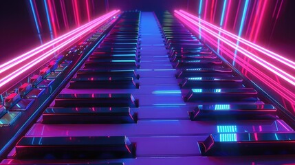 Wall Mural - Musical keyboard on illuminated neon light background. AI generated image