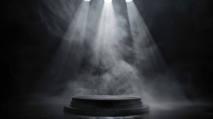 Wall Mural - a spotlight shines down on a dark, smoky stage. podium black dark smoke background product platform 