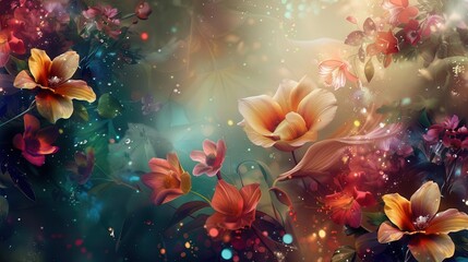 Wall Mural - enchanting fantasy floral background with vibrant flowers and magical sparkles digital painting