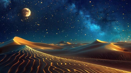 Wall Mural - enchanting night sky with twinkling stars and glowing moon over undulating sand dunes aigenerated artwork