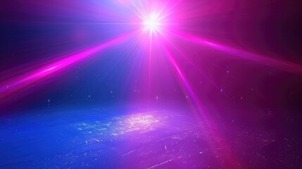 Wall Mural - Neon Blue pink violet stage lighting illuminated, lens flare effect, shining star rays.AI generated