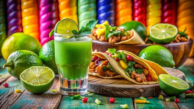 Vibrant green lime juice bursts forth from its peel, surrounded by crunchy taco trimmings, against a kaleidoscope of colors in a festive mexican setting.