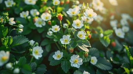 Wall Mural - Blooming white flowers on a sunny summer day showcasing strawberries growing in a garden Emphasizing healthy food and organic farming from a top view perspective