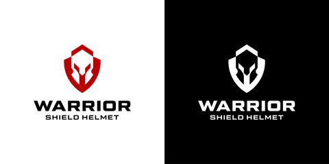 Spartan Warrior symbol Shield and Helmet Logo Design. Spartan Helmet Logo Inspiration. Spartan Shield and Helmet Vector Illustration. Spartan Greek Gladiator Armor Flat Vector Icon.