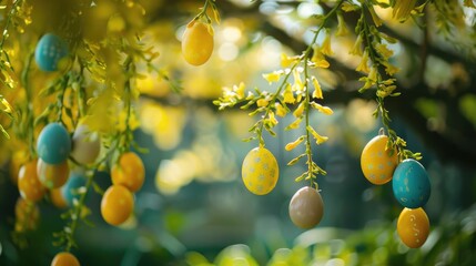 Wall Mural - easter eggs adorning a laburnum tree