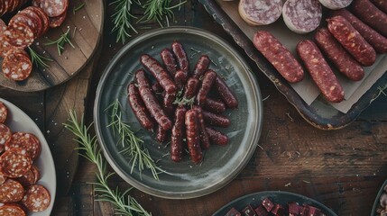 Wall Mural - A beautiful plate backdrop at a restaurant sets the stage for a tantalizing display of summer sausage beef summer sausage and raw smoked sausage from a top down view