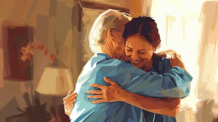 Wall Mural - Portrait happy woman nurse hug her old senior patient in elderly care house. AI generated image