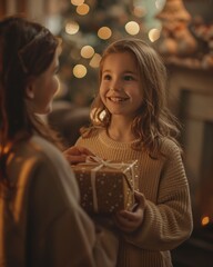 Wall Mural - Happy Daughter Giving Christmas Present to Smiling Mother

