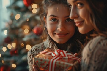 Happy Daughter Giving Christmas Present to Smiling Mother

