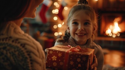 Wall Mural - Happy Daughter Giving Christmas Present to Smiling Mother

