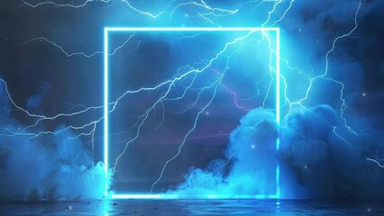 Wall Mural - Abstract blue lightning square frame on a dark background. Glowing neon frames with bright electric lighting effects. Lightning frames. Abstract background. 4K Videos