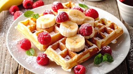 Wall Mural - Homemade Recipe for Viennese Waffles with Raspberries and Bananas