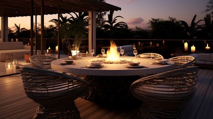 Wall Mural - A modern outdoor dining table with a fire pit in the center, perfect for entertaining guests on cool evenings