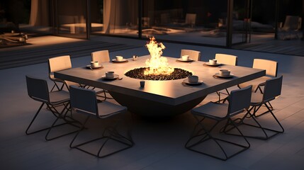 Wall Mural - A modern outdoor dining table with a fire pit in the center, perfect for entertaining guests on cool evenings