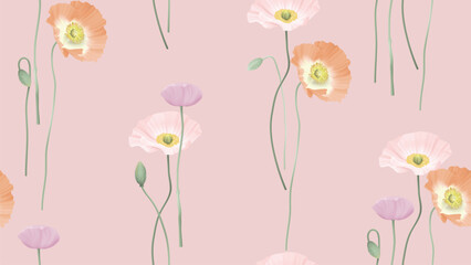 Wall Mural - Floral seamless pattern, colorful poppy flowers on pink background