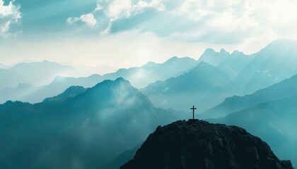 Wall Mural - silhouette of christian cross on majestic mountain landscape spiritual background with copy space