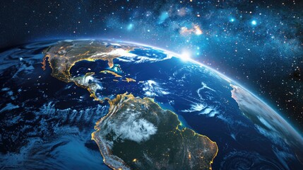 Poster - A dazzling 3D rendering of planet Earth as seen from space at night showcases the brilliant lights of both the United States of America and various Latin American countries This mesmerizing