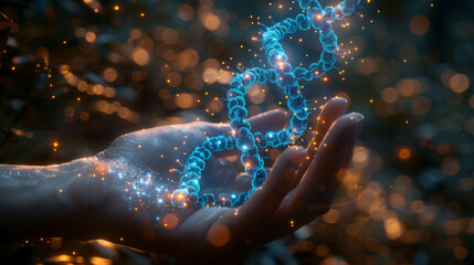 Wall Mural - medicine doctor holding blue helix dna structure on hologram modern virtual screen interface and dia