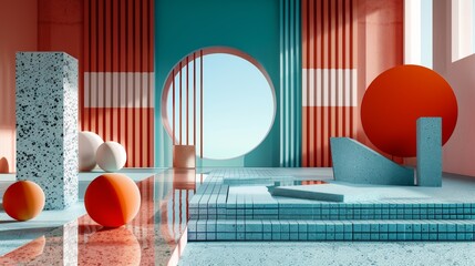 Wall Mural - Digital composition featuring abstract shapes and patterns inspired by architecture against a backdrop of cyan wallpaper, exploring the beauty of design.