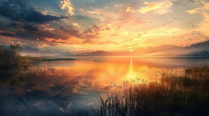 Poster - The stunning and peaceful sunset scenery over the lake