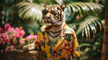 Wall Mural - Humorous animal tiger with Glasses and Hawaiian Shirt Realistic Animal Portrait