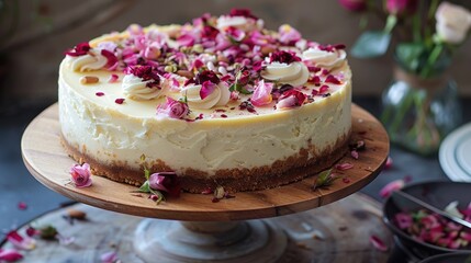 Wall Mural - White Chocolate Adorned Cheesecake with Floral Rose Cream