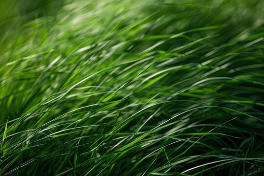 A close up view of green grass swaying in the wind across a field