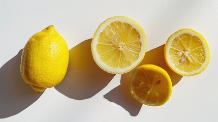 Sticker - Assortment of lemons set against a white backdrop Whole lemon sliced in half and cut into slices