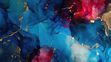 Wall Mural - Abstract artwork featuring alcohol ink smudges and stains on a lovely background Vibrant blue and red hues complemented by gold accents