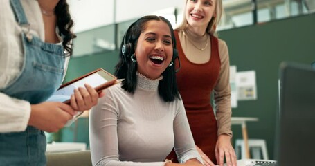 Poster - Excited, startup and team in office with computer, happiness and success in crm with headset. Women, teamwork and applause for sale with wow, promotion and collaboration for communication with tech
