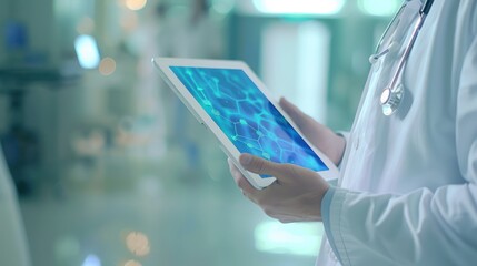 Wall Mural - An artistic depiction of a digital tablet with medical software in a hospital setting, held by a doctor's hand, with a softly blurred background representing digital healthcare advancements.