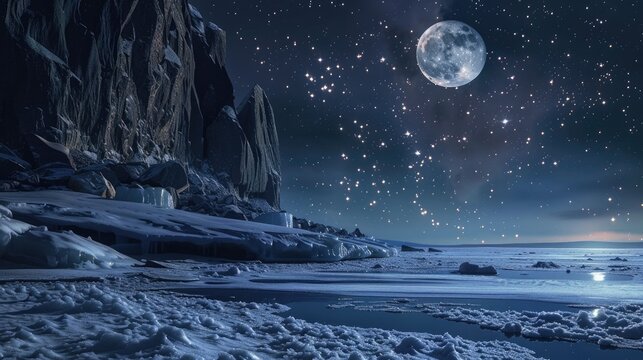 Frozen seashore beneath a starlit sky and moon
