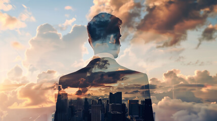 Poster - A man in a suit is looking out over a city skyline. The image is a blurred, distorted view of the man and the buildings, creating a sense of depth and perspective