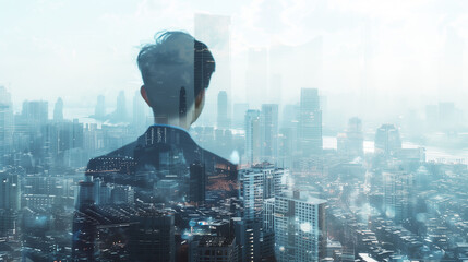 Poster - A man in a suit is looking out over a city skyline. The image is a blurred, distorted view of the man and the buildings, creating a sense of depth and perspective