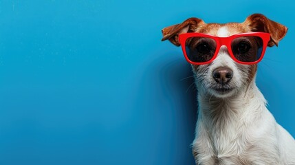 Jack Russell terrier wears red sunglasses and stares at the camera against a blue background