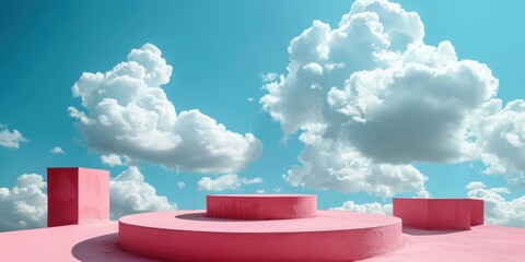 Wall Mural - Minimalist Pink Platform Against a Blue Sky with White Clouds