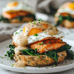 a gourmet serving of salmon benedict with deliciously poached eggs with hollandaise sauce, served on a freshly toasted bread, garnished with leafy greens and sprinkled with herbs and spices