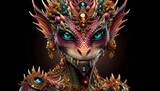 Fotografía, criatura mística, reina, rey, dragón, joyas, escamas, majestuoso, detallado, colores vibrantes, arte digital, surrealismo, mágico, deslumbrante, elegante, místico, extraterrestre 