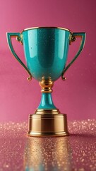 Sparkles pink blue background with a winners cup. Champion golden trophy on pink blue background. Concept of success and achievement.