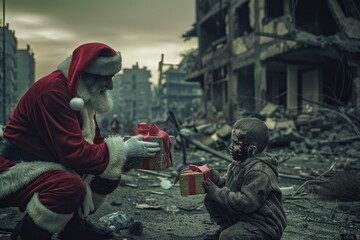 Santa Claus kneeling next to a little girl in a ruined city