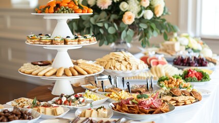 Wall Mural - Elegantly Adorned Banquet Table with a Selection of Snacks at a Corporate Event or Wedding Reception