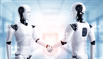 Poster - mlp 3d illustration humanoid robot handshake to collaborate future technology development by ai thin