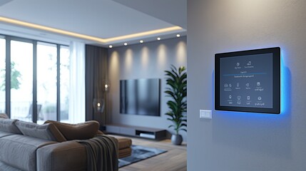 modern living room with smart home control panel