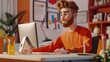 © MP-AI - A cartoon man working on his computer in a modern office.  He looks focused and engaged in his work.  The office is bright and colorful.