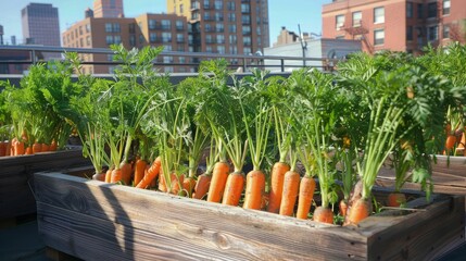 Sticker - A rooftop garden bathed in sunlight, featuring raised beds densely planted with vibrant carrots, their orange hues popping against the urban backdrop.