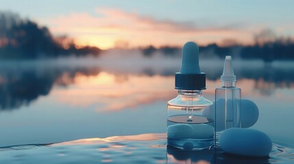 Wall Mural - A saline nasal spray and eye drops close-up, with a backdrop of a foggy lake at dawn. The subtle colors of the sunrise over the water highlight the theme of freshness and a new beginning.