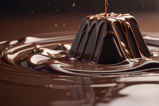 Dynamic Background with Melted Chocolate Splash: Rich, Smooth Textures, Ripples and Droplets, Text Space on Right, Generative AI